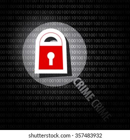 Internet Crime Screen Vector Symbol with Magnifying Glass and Padlock on Dark Ones and Zeros 1 and 0 Background