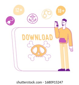 Internet Crimes and Pirate Information Stealing. Male Character with Mobile Phone Stand at Huge Tablet with Skull and Bones on Screen. User Download Censored Online Content. Linear Vector Illustration