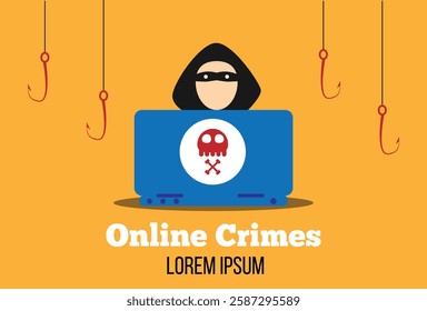 Internet Criminal or Hacker Behind Computer with Phishing Hooks. Online crimes and scammer concept vector art