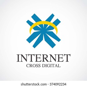 Internet cross of digital technology abstract vector and logo design or template future business icon of company identity symbol concept