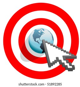 Internet cursor arrow clicks on search engine marketing SEM world in target bulls eye.