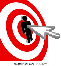 Internet cursor arrow clicks stick figure in a search engine bulls eye target.