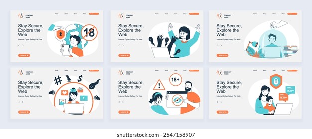 Internet cibersegurança para crianças conceito de página inicial com modelos de slide definidos em design plano. Cabeçalhos de site com pessoas protegem as crianças na privacidade online com o controle dos pais. Ilustrações vetoriais.