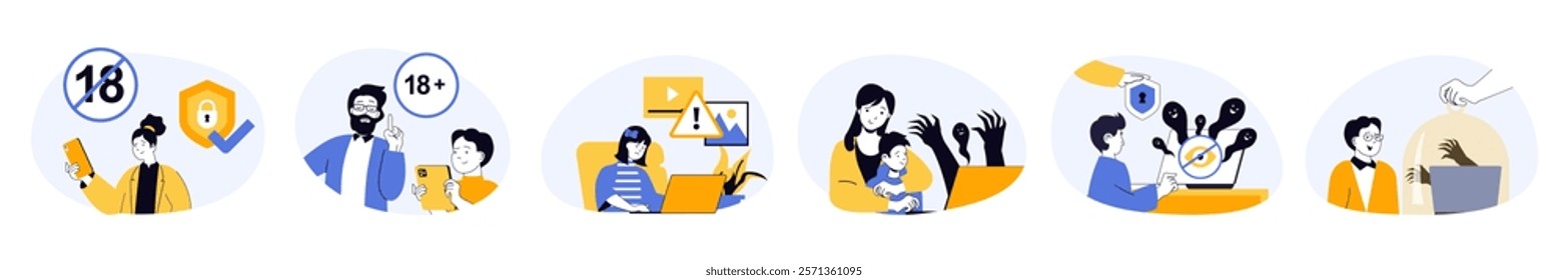 Internet cyber safety for kids concept set in flat web design. Collection with people protecting child online privacy with parental control and block content. Vector illustrations on white background.