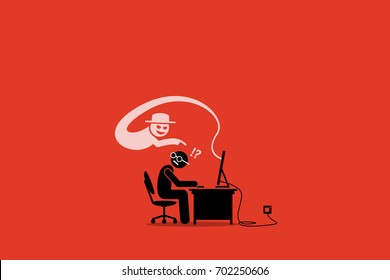 Internet Cyber Scammer Trying to Cheat an Internet User. Artwork Illustration depicts electronic scam, con artist, cyber crime, hack, hacker, and phishing site. 