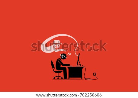 Internet Cyber Scammer Trying to Cheat an Internet User. Artwork Illustration depicts electronic scam, con artist, cyber crime, hack, hacker, and phishing site. 