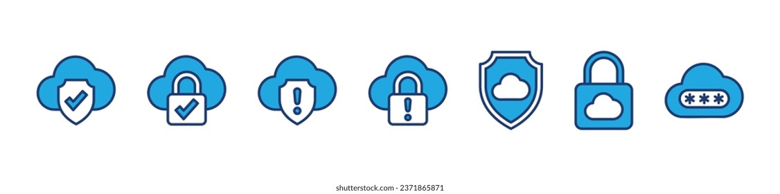 Internet or cyber security icons. Cloud with shield, password and padlock. Secure, safety, protection technology icon symbol for apps and websites. Vector illustration