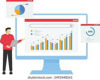 internet dashboard concept, businessman analytics and monitoring in web reports dashboard monitoring concept and data analysis research, flat vector illustration design for business financial planning