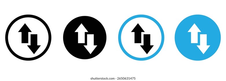 Icono de datos de Internet Botones con símbolo de flecha. Icono de flecha arriba y abajo establecido en círculo negro y azul. 
Ilustración vectorial de símbolo de signo de flechas hacia arriba y hacia abajo. Diseño plano. 
