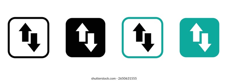 Internet data icon buttons with arrow symbol. Up and down arrow icon set in black and blue circle. 
Upward downward arrows sign symbol vector illustration. Flat design. 