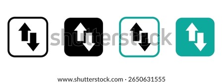 Internet data icon buttons with arrow symbol. Up and down arrow icon set in black and blue circle. 
Upward downward arrows sign symbol vector illustration. Flat design. 