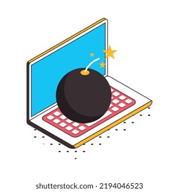 Icono de concepto isométrico de la protección de datos de Internet con bomba en la ilustración vectorial 3d del portátil