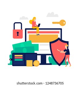 Internet data protection, money. Flat style vector illustration.