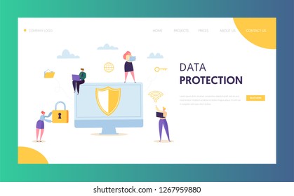 Internet Data Safety Network Landing Page. Business Information Digital Shield Technology Icon. Server Privacy Encryption Concept for Website or Web Page. Flat Vector Illustration