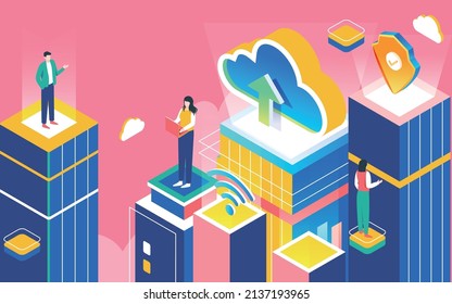 Internet data security, cloud with shields and characters around building above, vector illustration