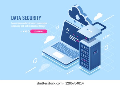 Internet data security concept, laptop with server rack and lock, protection and encryption data transfer, cloud data storage isometric icon, database query, pc antivirus flat vector illustration blue