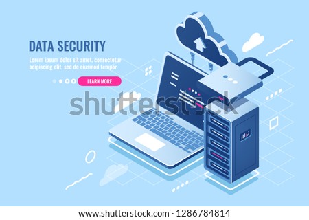 Internet data security concept, laptop with server rack and lock, protection and encryption data transfer, cloud data storage isometric icon, database query, pc antivirus flat vector illustration blue