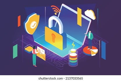 Internet data security, encryption lock on computer, vector illustration