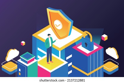 Internet data security, shield with computers and people around the building above, vector illustration