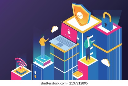 Internet data security, shield with computers and people around the building above, vector illustration