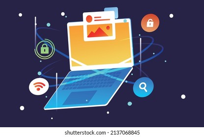Internet data security, shield surrounded by various icons, vector illustration