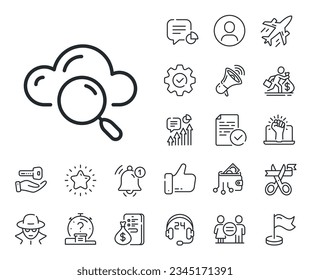 Signo de almacenamiento de datos de Internet. Salaryman, igualdad de género e iconos de la descripción de timbre. Icono de línea de búsqueda de computación en nube. Símbolo de tecnología de alojamiento de archivos. Señal de línea de computación en nube. Vector