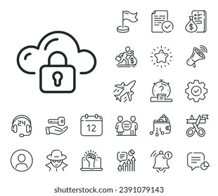 Internet data storage sign. Salaryman, gender equality and alert bell outline icons. Cloud computing protection line icon. File hosting technology symbol. Cloud protection line sign. Vector