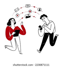 Internet data transfer mobile or tablet. People use smartphones sharing picture, song, messages to each other. Hand drawn vector illustration doodle style.