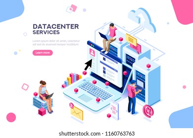 Internet Datacenter Connection, Administrator Of Web Hosting Concept. Character And Text For Services. Tech Repair Center Hardware Software Database For Safe Server. Flat Isometric Vector Illustration