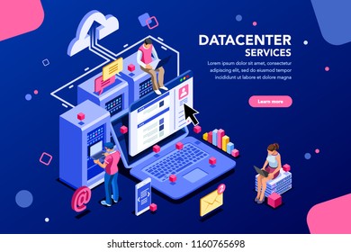 Internet datacenter connection, administrator of web hosting concept. Character and text for services. Tech repair center hardware software database for safe server. Flat isometric vector illustration