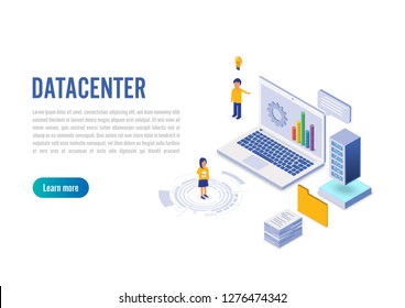 Internet datacenter connection, administrator of web hosting concept. Character and text for services. Technology center hardware software database for safe server. Flat isometric vector illustration.