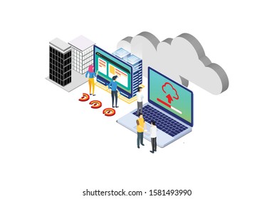 Internet datacenter connection, administrator of web hosting concept. Character and text for services. Tech repair center hardware software database for safe server. Flat isometric vector illustration