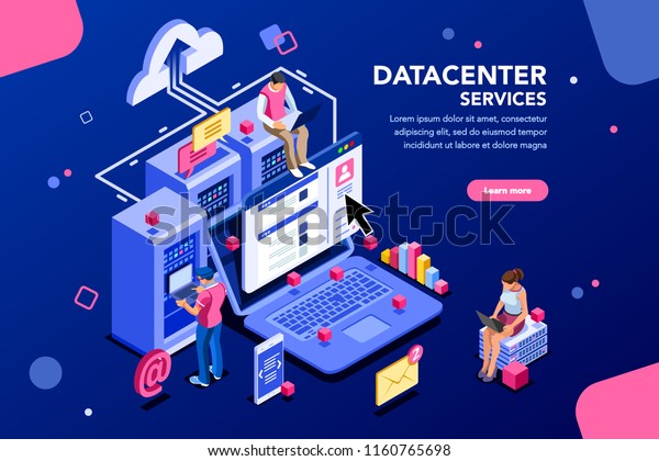 インターネットデータセンター接続 ウェブホスティングのコンセプトの管理者 サービスの文字とテキスト 安全なサーバ用の技術修復センター ハードウェアソフトウェアデータベース 平らなアイソメトリックベクターイラスト のベクター画像素材 ロイヤリティフリー