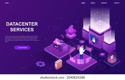 Internet datacenter connection. Remote support, workers with statistics. Checking information, analytics department. Tech repair center hardware. 3d vector illustration isolated on violet background