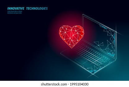 Internet-Dating-App-Konzept. 3D Low-Poly-Laptop-Romantik-Beziehung Symbol Herz. Social Media Liebe Datum finden Sie Paar Service. Website-Romantik, Vektorgrafik