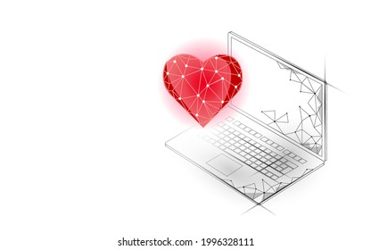 Internet-Dating-App-Konzept. 3D Low-Poly-Laptop-Romantik-Beziehung Symbol Herz. Social Media Liebe Datum finden Sie Paar Service. Website-Romantik, Vektorgrafik