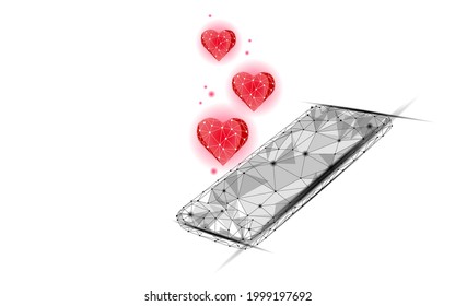 concepto de aplicación de citas por Internet. 3D de bajo polizón smartphone relación romántica corazón. Los medios sociales le encantan el servicio de pareja. Ilustración de vector de mensaje romántico del sitio web