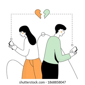 Citas en Internet - moderna ilustración de diseño plano con elementos de línea. Composición colorida con un hombre y una mujer charlando en línea. Buscando el amor y las relaciones románticas idea de aplicación móvil