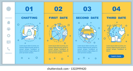 Internet dating onboarding mobile web pages vector template. Responsive smartphone website interface idea with linear illustrations. Romantic relationships webpage walkthrough screens. Color concept