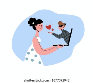 Internet dating scam. The girl is annoyed by the deception. The man is a thief, a cheater. A man tries to deceive a woman over the Internet.  Flat vector illustration. 