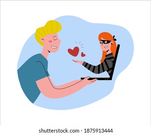 Internet dating scam. A man in love. The woman is a thief, a cheater. A woman cheats on a man. Flat vector illustration. 