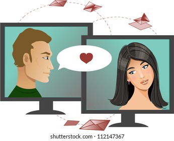 Internet dating. Young woman has chat in Internet with a man, conceptual image of internet dating