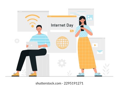 Internet day concept. Man with laptop and woman with smartphone look for information on websites, communicate in social networks and messengers. Digital online world. Cartoon flat vector illustration
