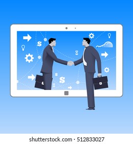 Internet deal business concept. Confident businessmen shakes hand of another businessman that comes from tablet. Business in web or cloud, partnership, searching for opportunities