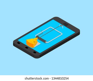 Internet deception concept. Online Mousetrap and cheese isolated. Mouse trap in Smartphone. Tablet gadget Rodent snare. Vector illustration