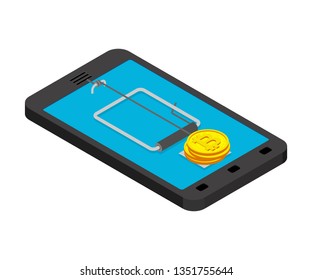 Internet Deception Concept. Online Mousetrap And Bitcoin. Mouse Trap In Smartphone And Cryptocurrency. Tablet Gadget Rodent Snare. Vector Illustration