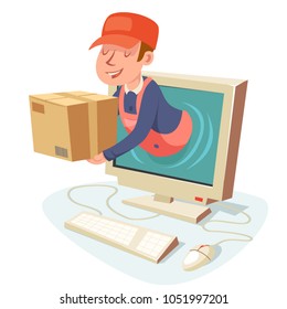 Internet delivery concept box pc computer monitor cartoon character design vector illustration