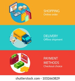 Internet delivery, payment concept, set of isometric icons, order of delivery, process check and vector web banners, print materials, sales website, collection items, vector illustration