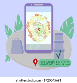 Servicio de entrega de Internet en el mapa de ciudad por región. Plantilla para banner web en la dirección de pedido. Ilustración vectorial del concepto de diseño en términos de permanencia en casa.