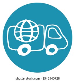 Internet delivery sign. Machine with a symbol of the Internet world drawn by hand. Vector illustration in flat style isolated on white background.